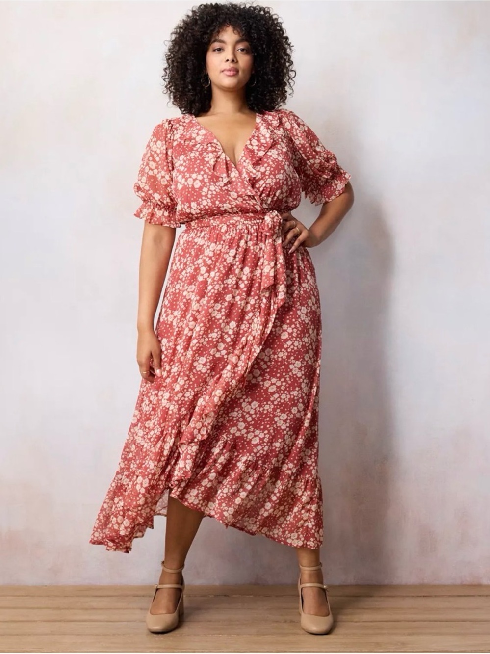 LC Lauren Conrad Rust Floral Ruffle Wrap Maxi Dress